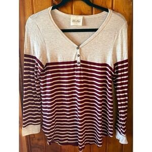 Ella Mara  Henley Long Sleeve Striped Colorblock Top Burgundy Oatmeal  Medium